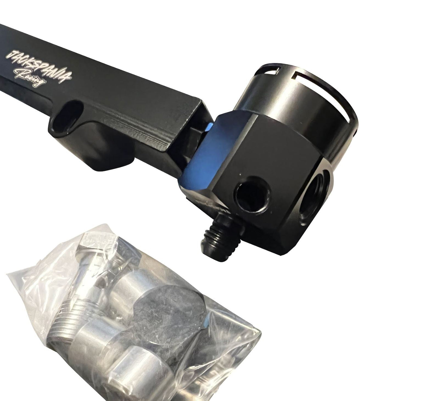 Billet aluminum high flow fuel rail upgrade kit for VW Audi 1.8T Golf A4 engine, by Jack Spania Racing, installed on engine.