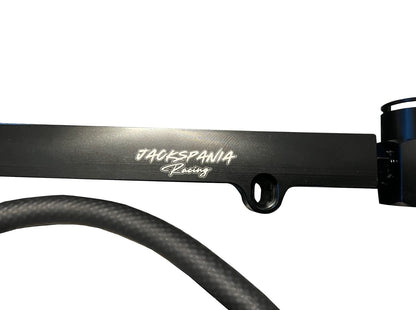 Billet aluminum high flow fuel rail upgrade kit for VW Audi 1.8T Golf A4 engine, by Jack Spania Racing, with visible metal components.
