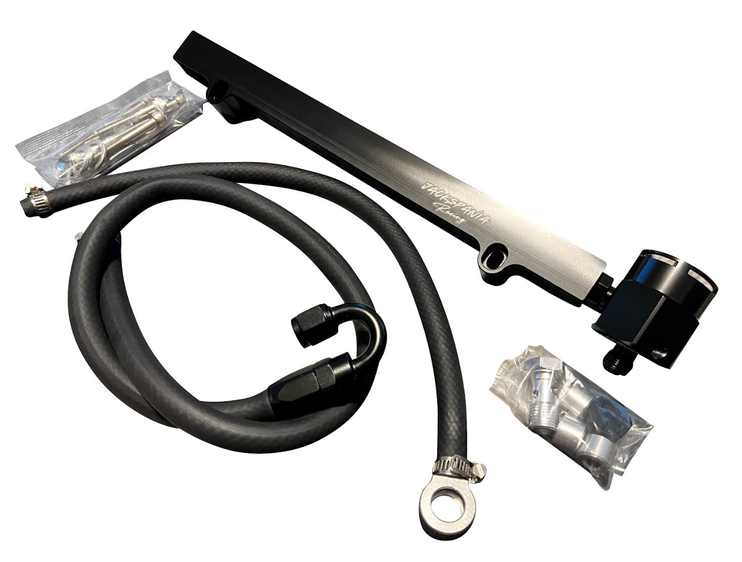 Billet aluminum high flow fuel rail upgrade kit for VW Audi 1.8T Golf A4 engine, by Jack Spania Racing.