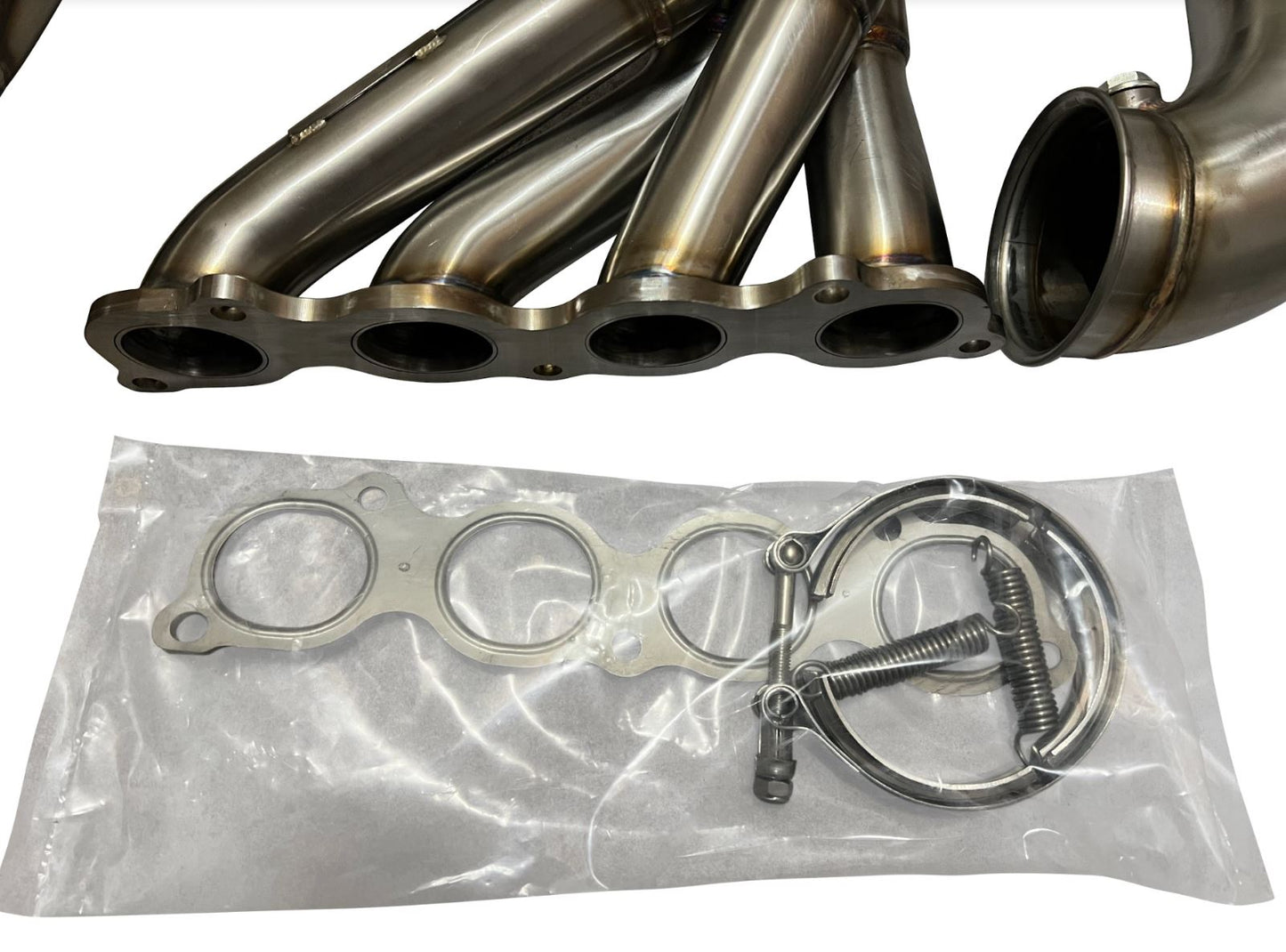 Honda Acura K-series swap exhaust header by Jack Spania Racing with hood fender exit for forward lean race drag application.