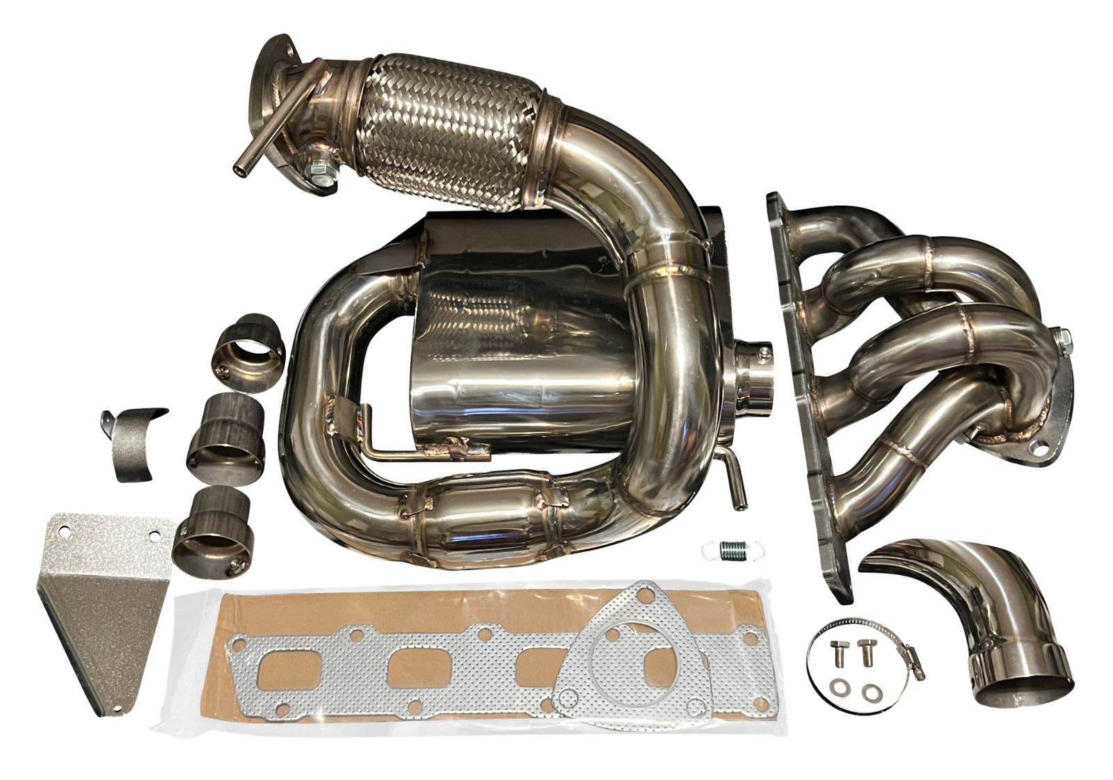 Jack Spania Racing Polaris Slingshot Ramhorn race exhaust manifold with turbo header and muffler, showcasing polished metal components.