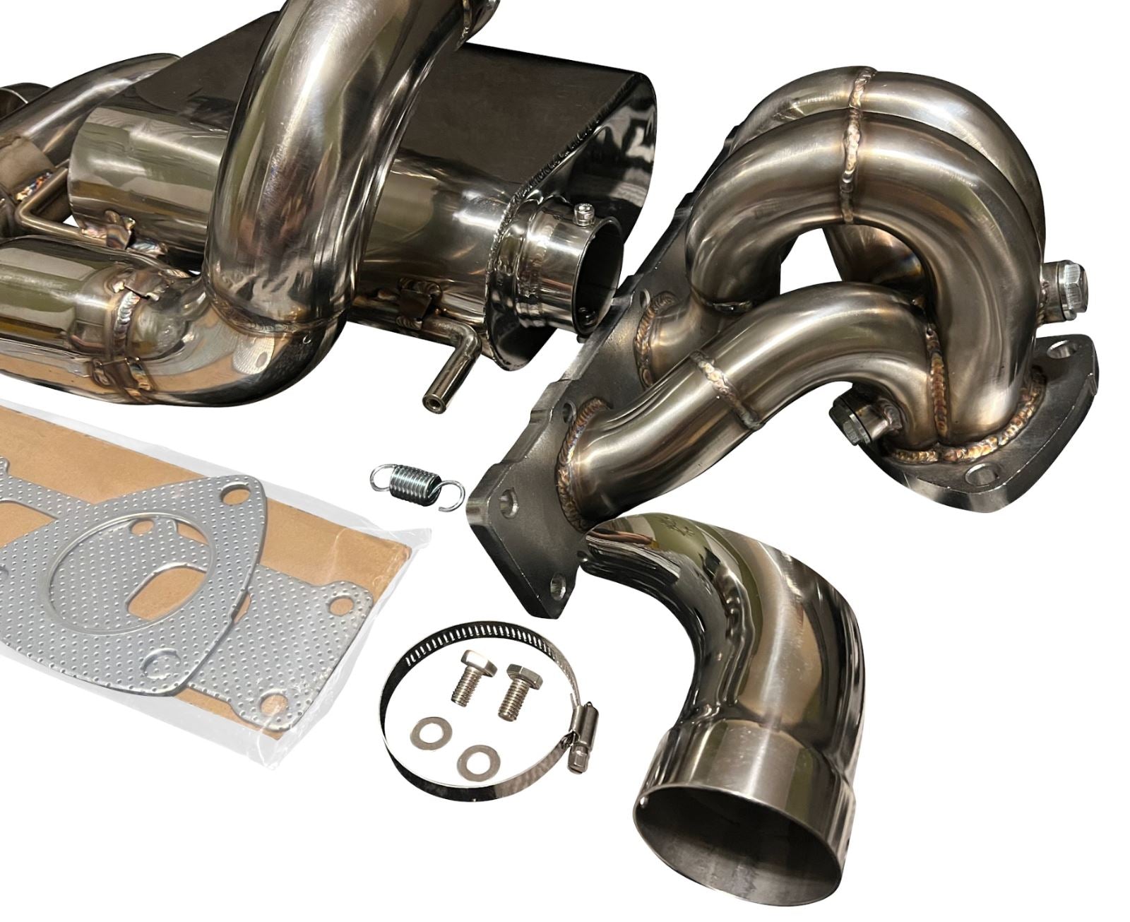 Jack Spania Racing Polaris Slingshot Ramhorn race exhaust manifold with turbo header and muffler, showcasing polished metal components.