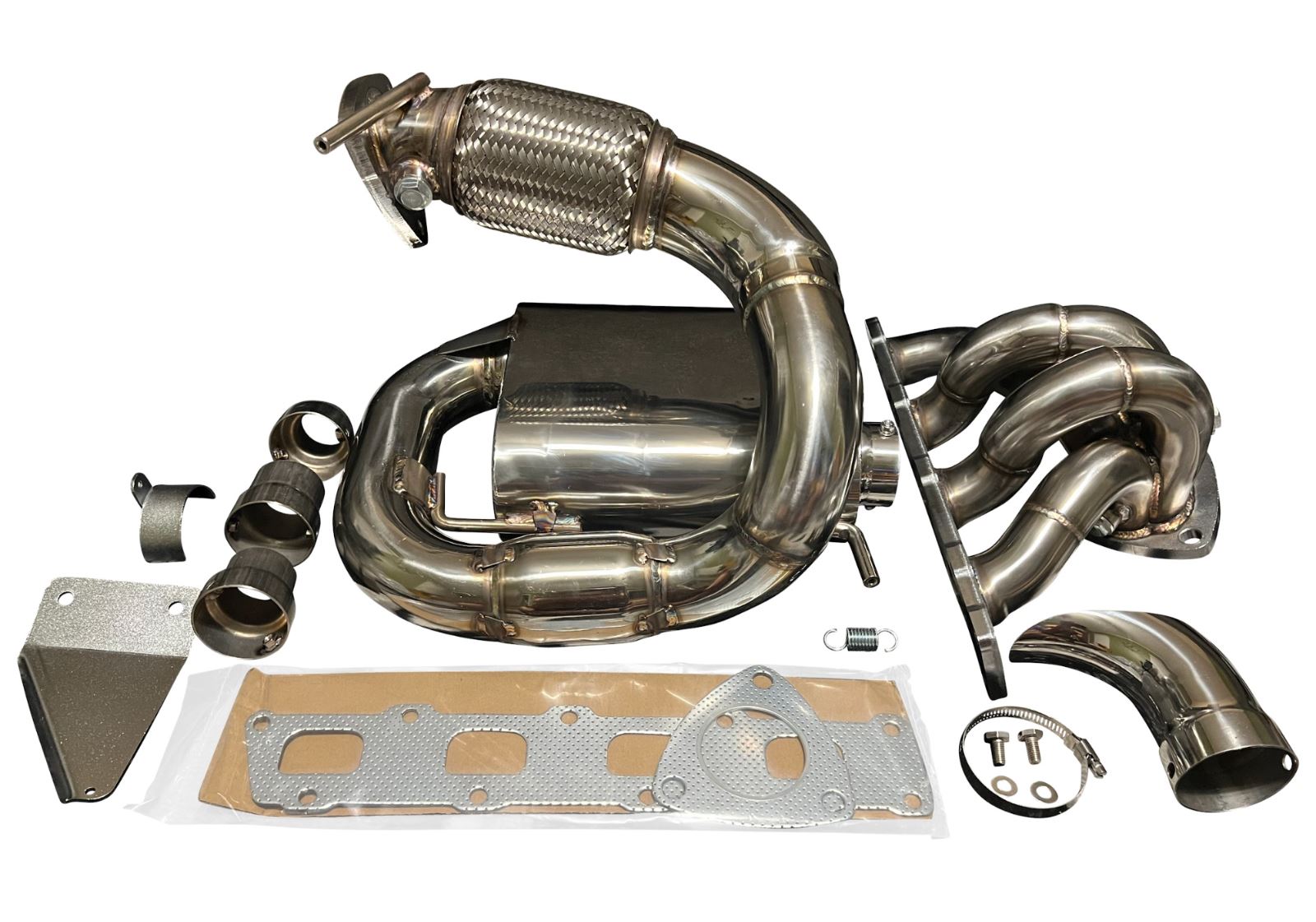 Jack Spania Racing Polaris Slingshot Ramhorn Race Exhaust Manifold with turbo and muffler for high-performance exhaust system.