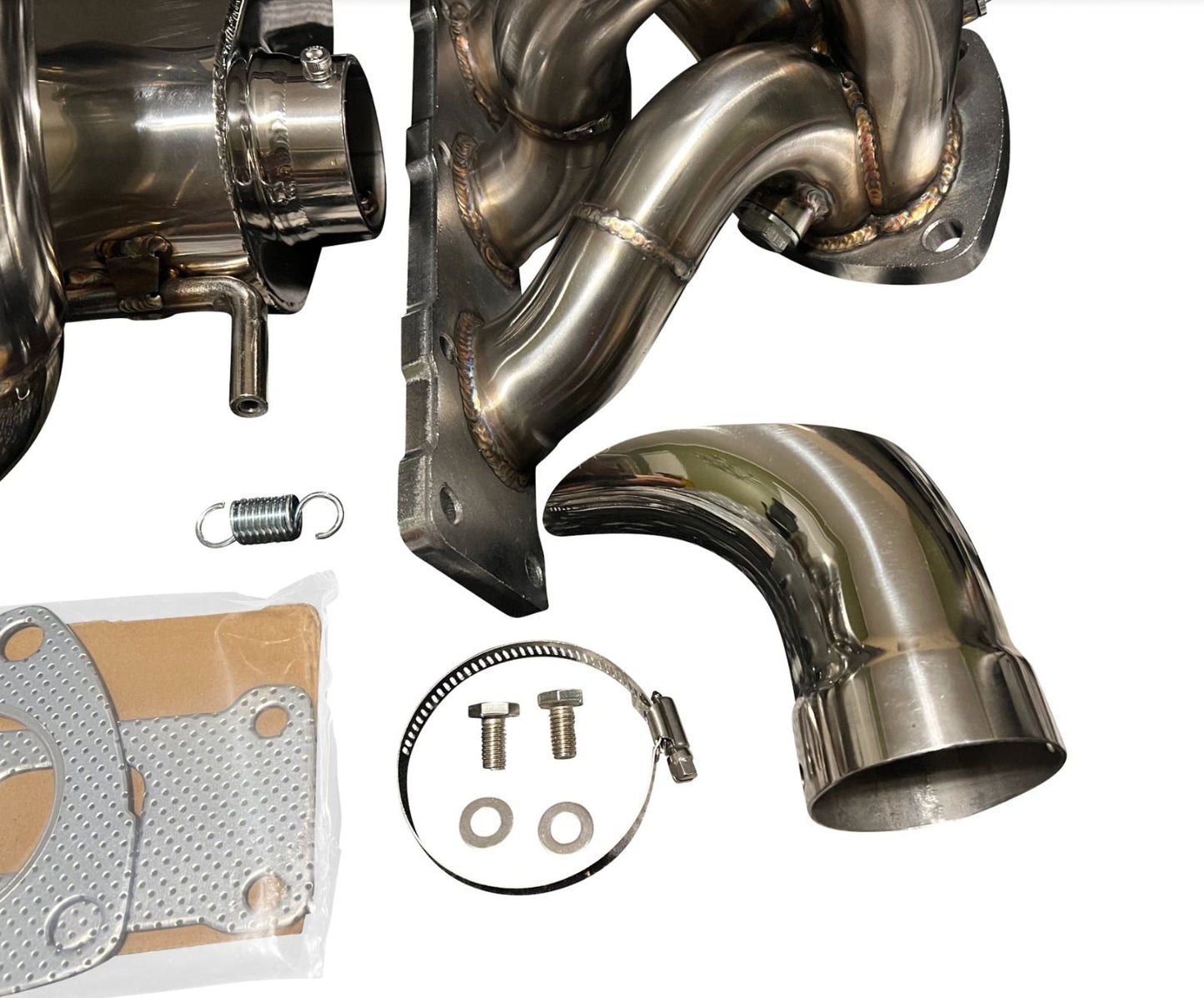 Jack Spania Racing Polaris Slingshot Ramhorn Race Exhaust Manifold with turbo and muffler, high-performance exhaust parts for racing vehicles.