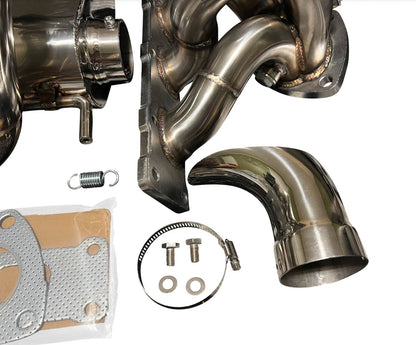 Jack Spania Racing Polaris Slingshot Ramhorn Race Exhaust Manifold with turbo and muffler, high-performance exhaust parts for racing vehicles.