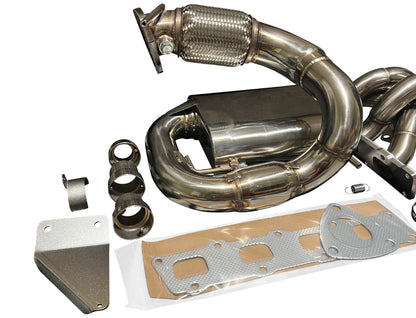 Jack Spania Racing Polaris Slingshot Ramhorn Race Exhaust Manifold with turbo header, showcasing metallic construction and detailed design.