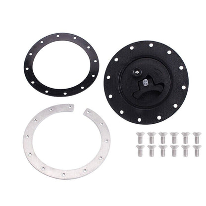 Jack Spania Racing replacement fuel cell gas tank filler cap with filler plate and fittings for engine fuel system.