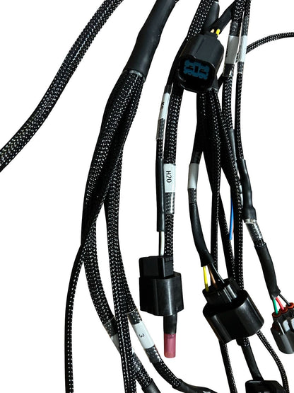 Jack Spania Racing K20 K24 K Series tucked engine harness for Honda Acura K swap, compatible with RSX 05-06, LHD and RHD vehicles.