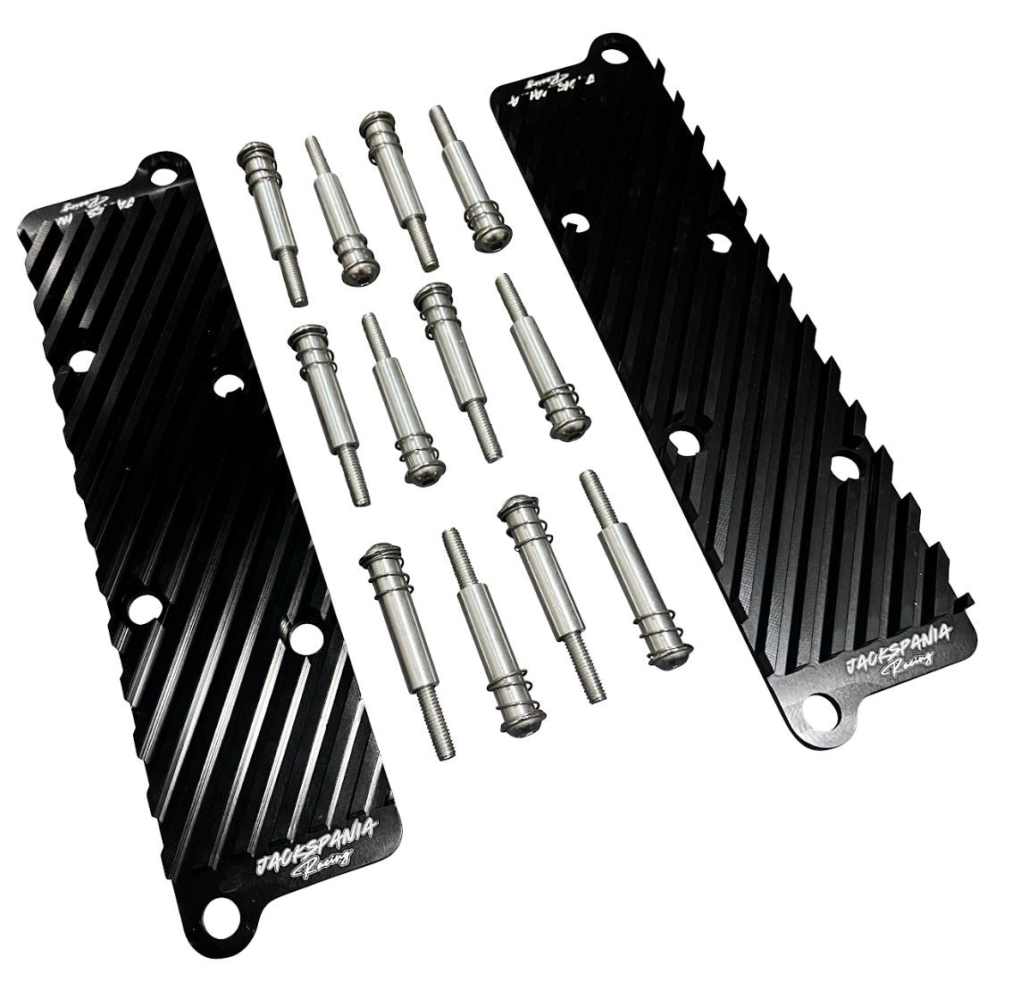 Jack Spania Racing 2.7T conversion coil pack hold down bracket kit for Audi engine parts, showing metal mounting brackets.