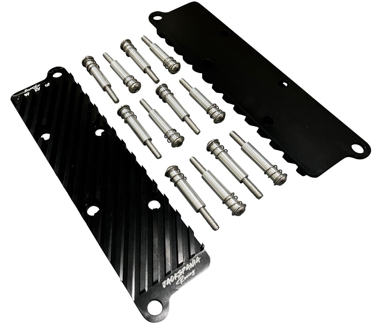 Jack Spania Racing 2.7T Conversion Coil Pack Hold Down Bracket Kit for Audi engine parts, showing metal brackets and mounting hardware.