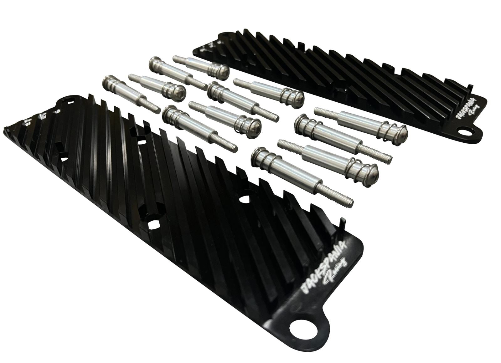 Jack Spania Racing 2.7T Conversion Coil Pack Hold Down Bracket Kit for Audi engine parts, shown mounted on engine.