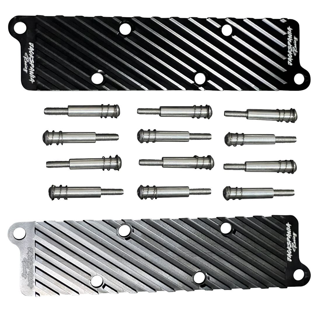 Jack Spania Racing 2.7T conversion coil pack hold down bracket kit for Audi engine parts, shown in a close-up view.