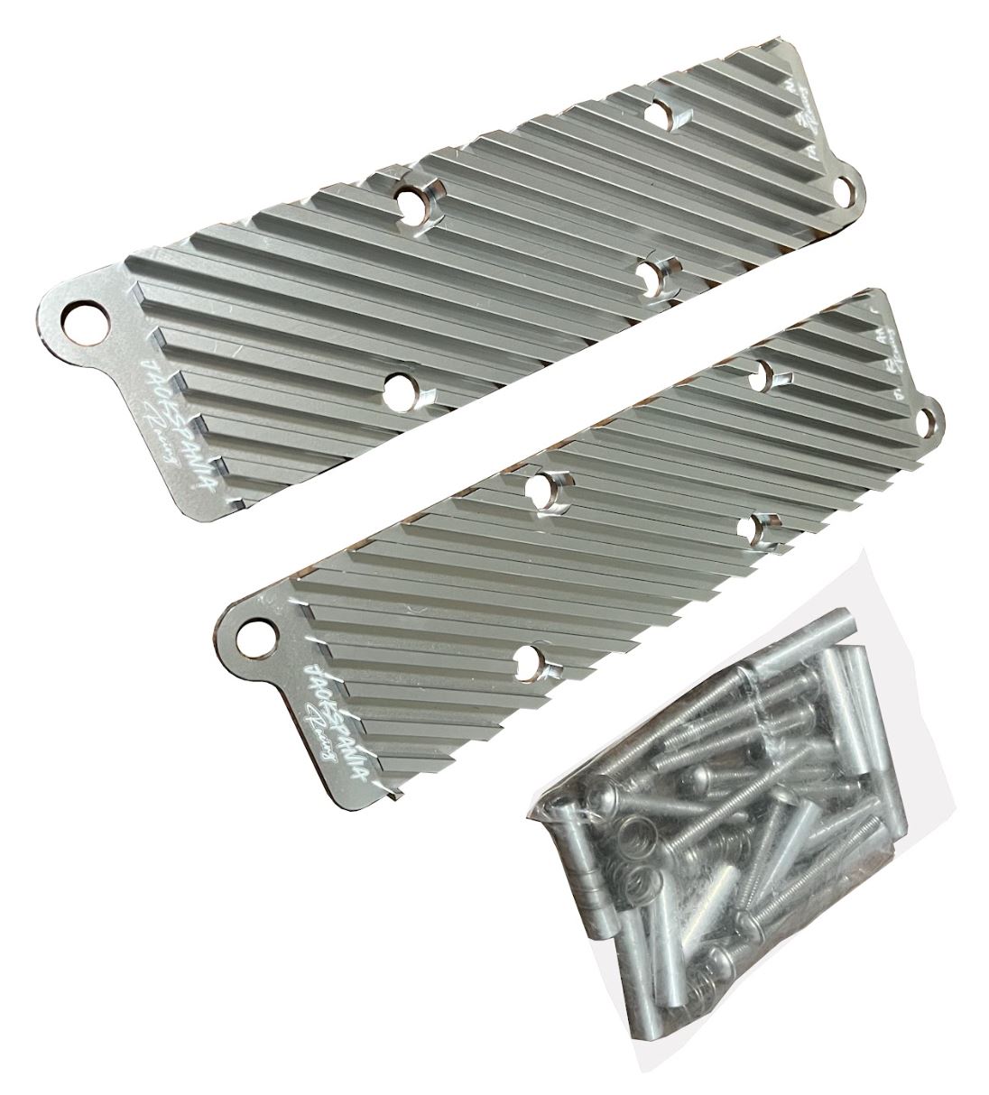Jack Spania Racing 2.7T conversion coil pack hold down bracket kit for Audi engine parts, shown mounted on engine.