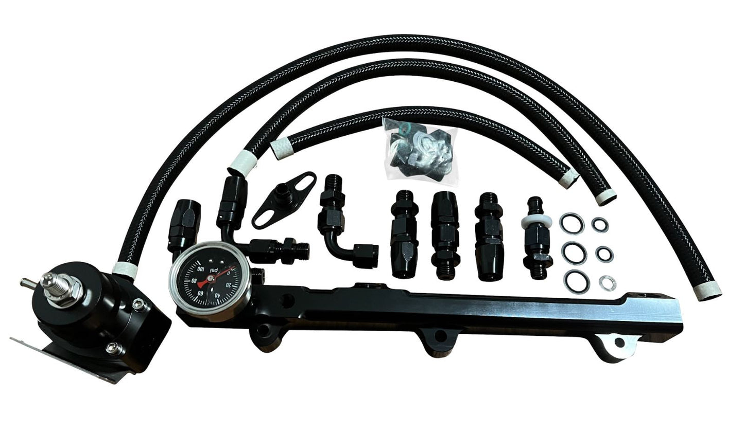Jack Spania Racing H Series tucked fuel pressure regulator gauge rail line for Honda Prelude engine parts, with pressure gauge and fittings.