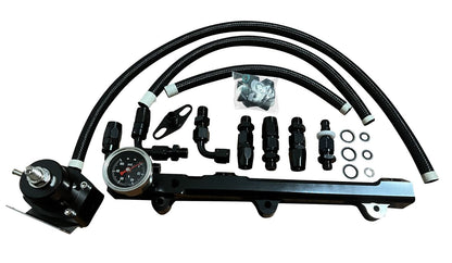 Jack Spania Racing H Series tucked fuel pressure regulator gauge rail line for Honda Prelude engine parts, with pressure gauge and fittings.