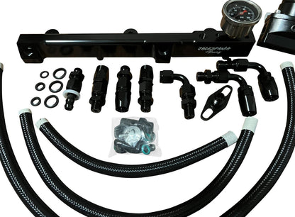 Jack Spania Racing H Series Tucked Fuel Pressure Regulator Gauge rail line installed in Honda Prelude engine for precise fuel management.