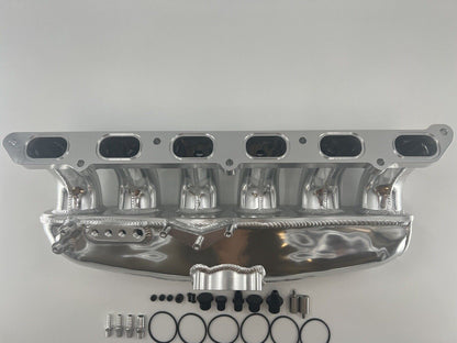 Center feed intake manifold fuel rail for BMW N54 135i, 335i, and 535i E90 engine, by Jack Spania Racing, showing the metal component with fittings.