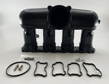 Engine intake manifold for VW Audi EA888 Gen 3 1.8T 2.0T, by Jack Spania Racing, showing the metal construction and inlet ports.