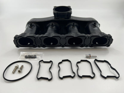 Jack Spania Racing intake manifold for VW Audi EA888 Gen 3 1.8T 2.0T engine parts, showing the polished metal design.