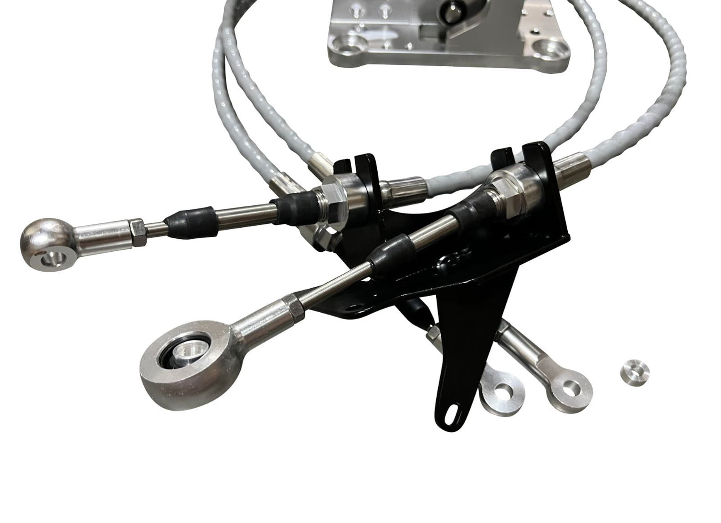 Jack Spania Racing K Series Shifter Box Cables for MR2 K20 K24 transmission swap, showing the sturdy cables and connectors.