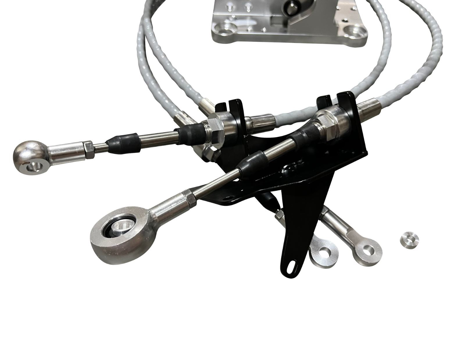 Jack Spania Racing K Series Shifter Box Cables for MR2 K20 K24 transmission swap, showing the sturdy cables and connectors.
