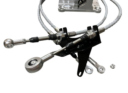 Jack Spania Racing K Series Shifter Box Cables for MR2 K20 K24 transmission swap, showing the sturdy cables and connectors.