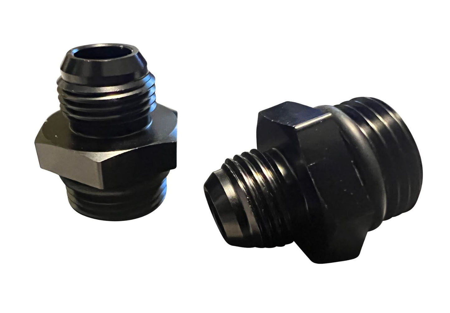 Jack Spania Racing 2X 8AN flare to -10AN ORB male boss fuel pump rail adapter for engine fuel systems.