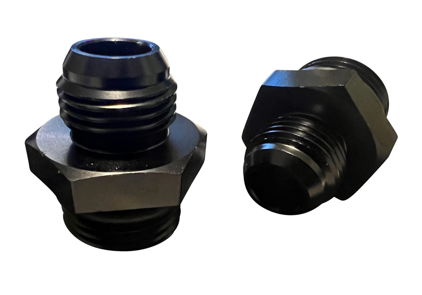 Jack Spania Racing 8AN flare to -10AN ORB male boss fuel pump rail adapter for engine performance and fuel system upgrades.