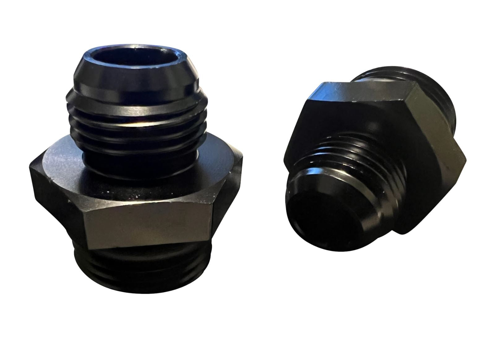 Jack Spania Racing 8AN flare to -10AN ORB male boss fuel pump rail adapter for engine performance and fuel system upgrades.