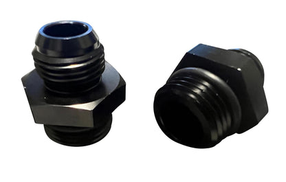 Jack Spania Racing 8AN flare to -10AN ORB male boss fuel pump rail adapter for engine performance applications.