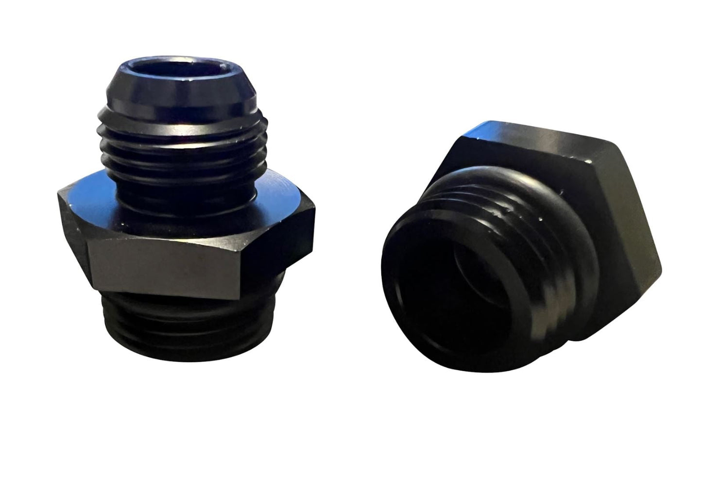 Jack Spania Racing 2X 8AN flare to -10AN ORB male boss fuel pump rail adapter for engine performance.