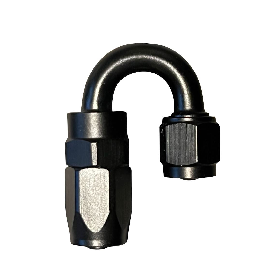 Jack Spania Racing AN6 180-degree swivel reusable hose end fitting for engine applications, with a durable metal connector.
