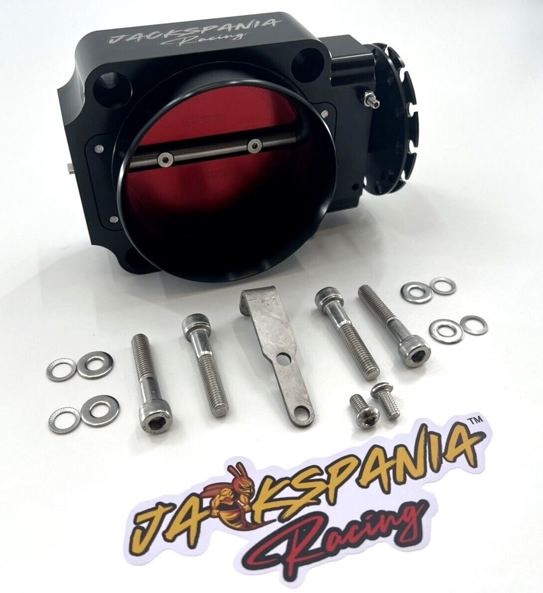 Jack Spania Racing 90mm throttle body with 4-inch hose coupling adapter for engine inlet, high-performance automotive part.