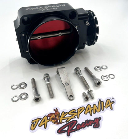 Jack Spania Racing 90mm throttle body with 4-inch hose coupling adapter for engine inlet, high-performance automotive part.