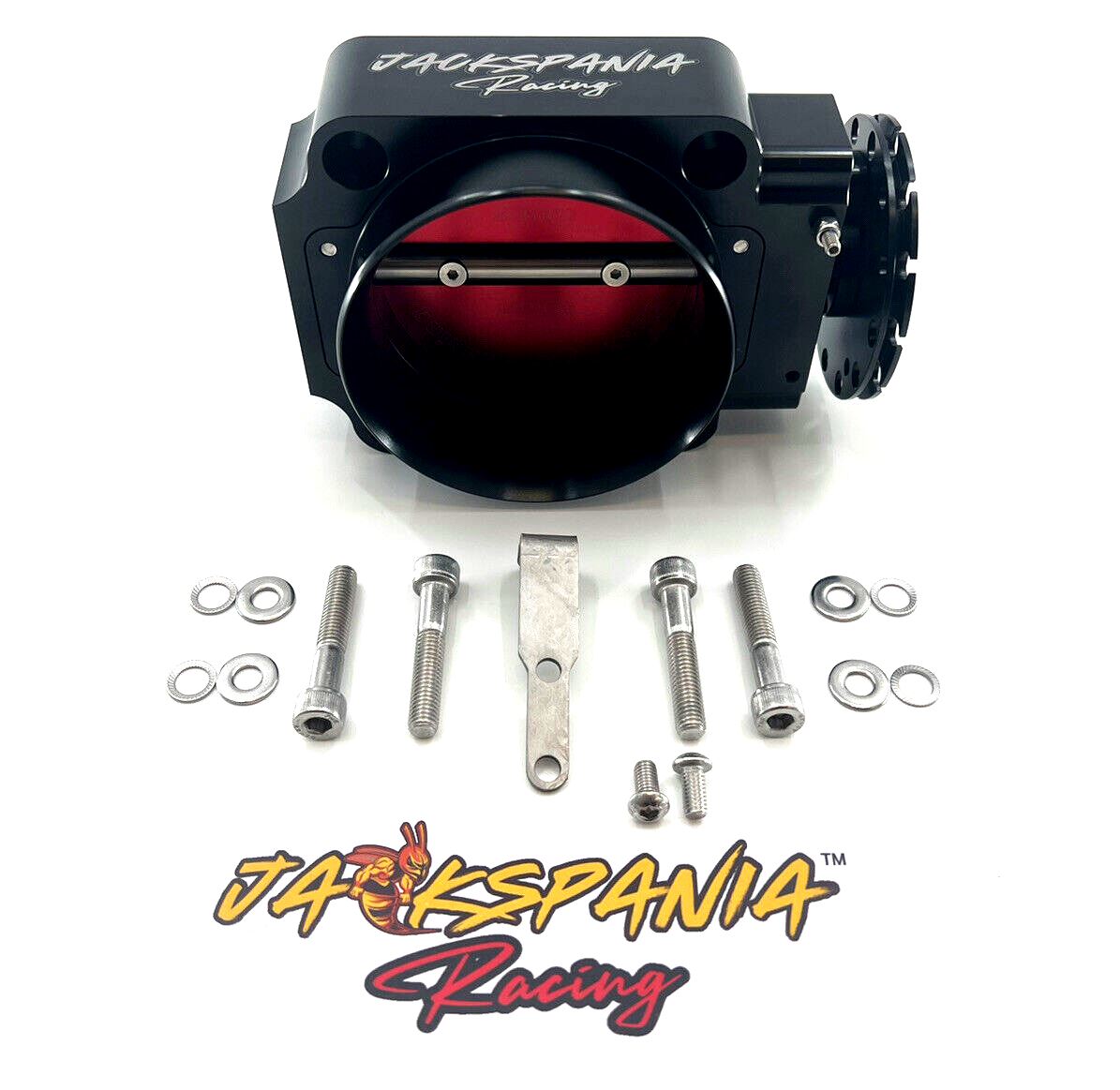 Jack Spania Racing 90mm throttle body with 4-inch hose coupling adapter for engine inlet, durable metal construction.