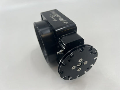 Jack Spania Racing 90mm throttle body with 4-inch hose coupling and inlet for engine performance applications.