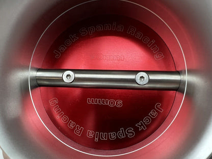 Jack Spania Racing 90mm throttle body with 4-inch hose coupling adapter for engine intake, shown with inlet and connecting parts.