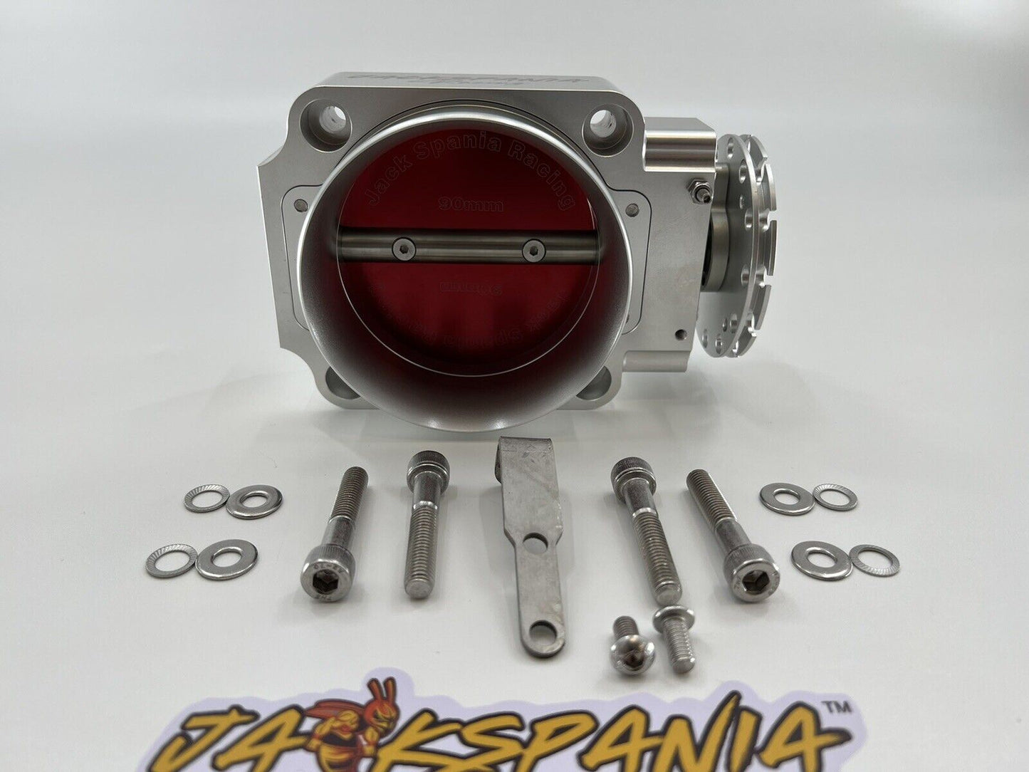 Jack Spania Racing 90mm throttle body with 4-inch hose coupling adapter for engine inlet, shown with metal and rubber components.