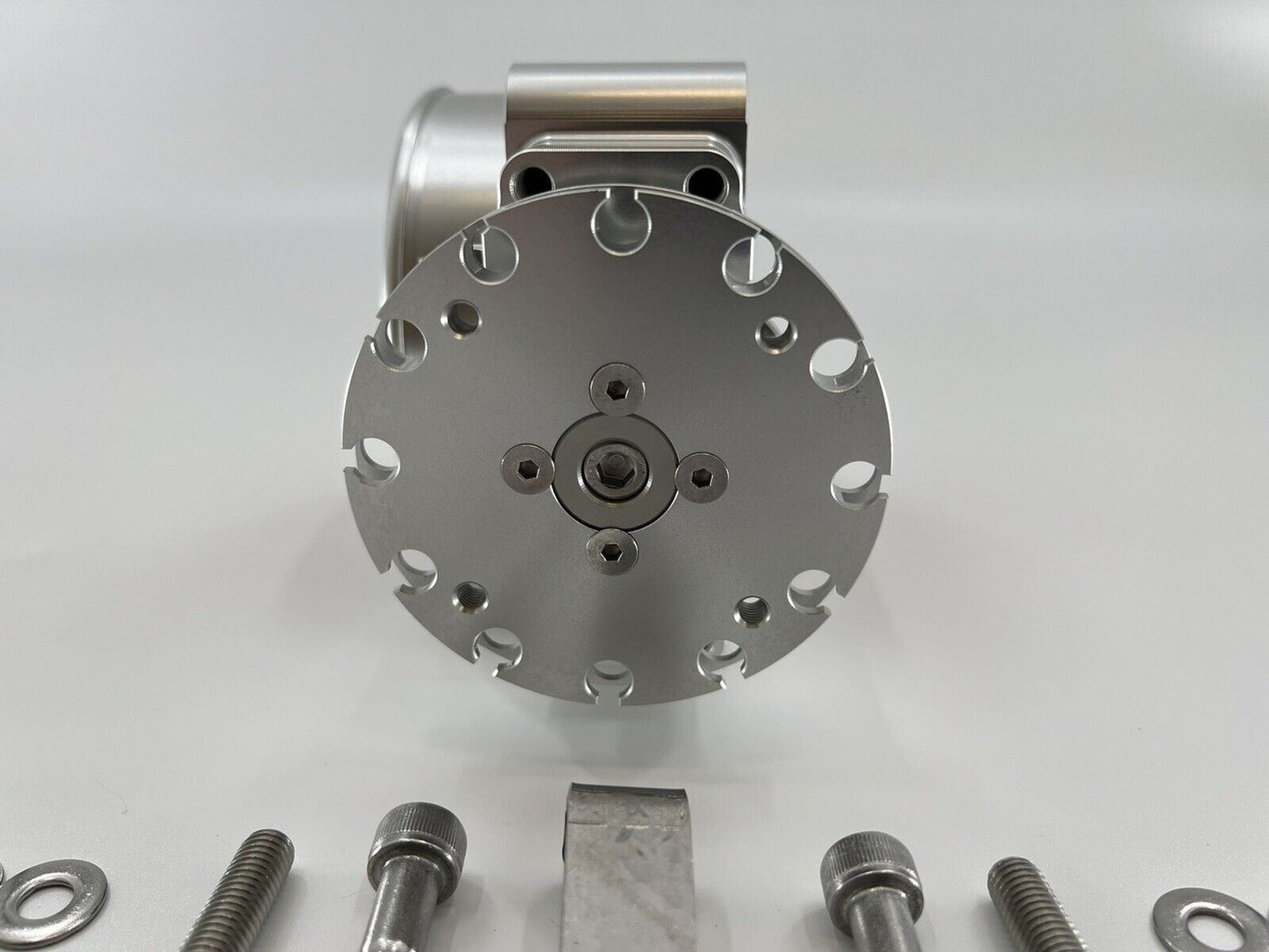 Jack Spania Racing 90mm throttle body with 4-inch hose coupling adapter for engine inlet, high-performance automotive part.