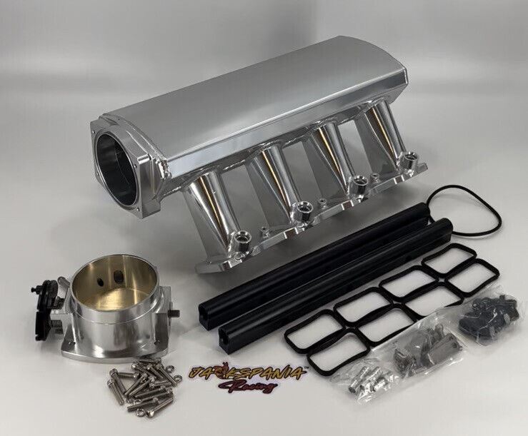 Chevrolet LS fabricated intake manifold throttle body for LS3 L92 engines by Jack Spania Racing, showing detailed engine parts.