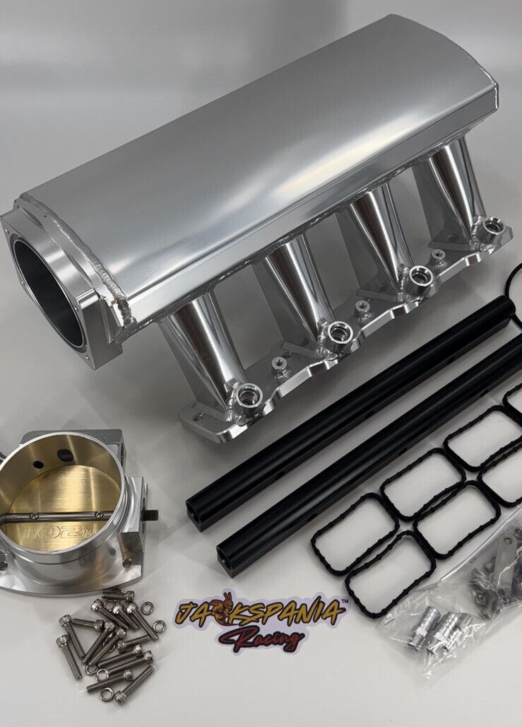 GM Chevrolet LS fabricated intake manifold and throttle body for LS3 L92 engines, by Jack Spania Racing, showing detailed engine parts.