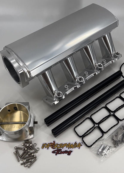 GM Chevrolet LS fabricated intake manifold and throttle body for LS3 L92 engines, by Jack Spania Racing, showing detailed engine parts.
