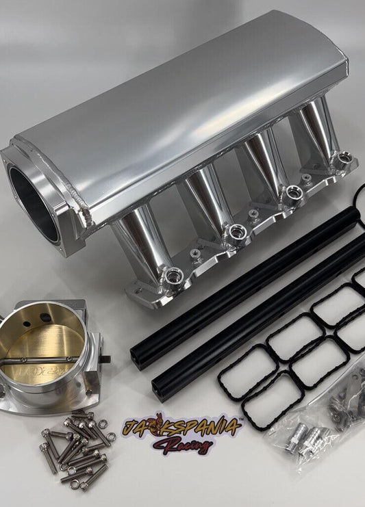 GM Chevrolet LS fabricated intake manifold and throttle body for LS3 L92 engines, by Jack Spania Racing, showing detailed engine parts.