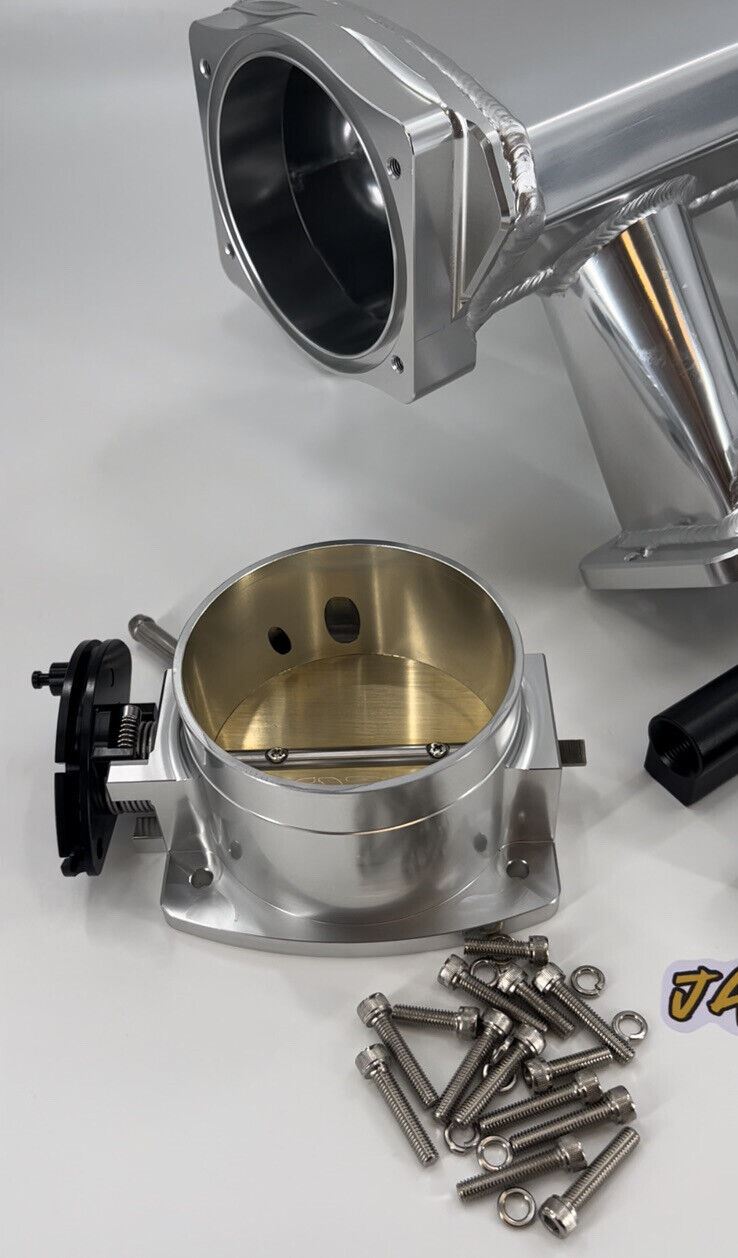 GM Chevrolet LS fabricated intake manifold throttle body for LS3 L92 engines by Jack Spania Racing, shown in engine part image.
