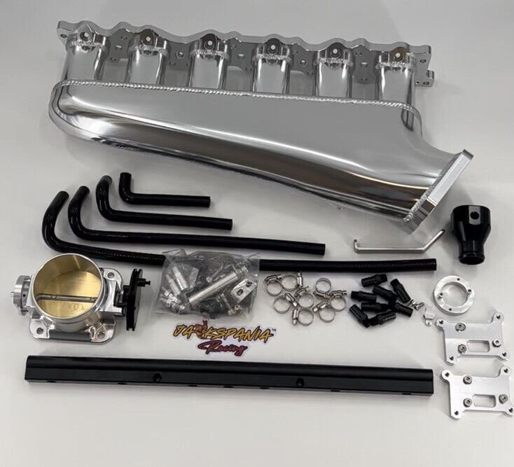 Jack Spania Racing RB25DET intake manifold, fuel rail, and 90mm throttle body for Nissan Skyline engine parts.
