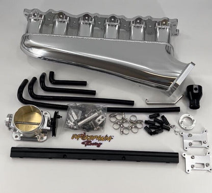 Jack Spania Racing RB25DET intake manifold, fuel rail, and 90mm throttle body for Nissan Skyline engine parts.