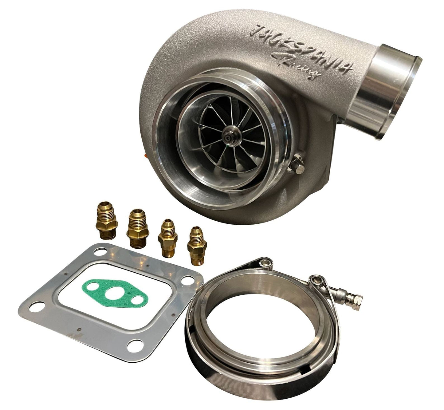 GTX3582R GT35 T4 .82AR turbine housing with dual ceramic ball bearings, used in high-performance engine applications by Jack Spania Racing.
