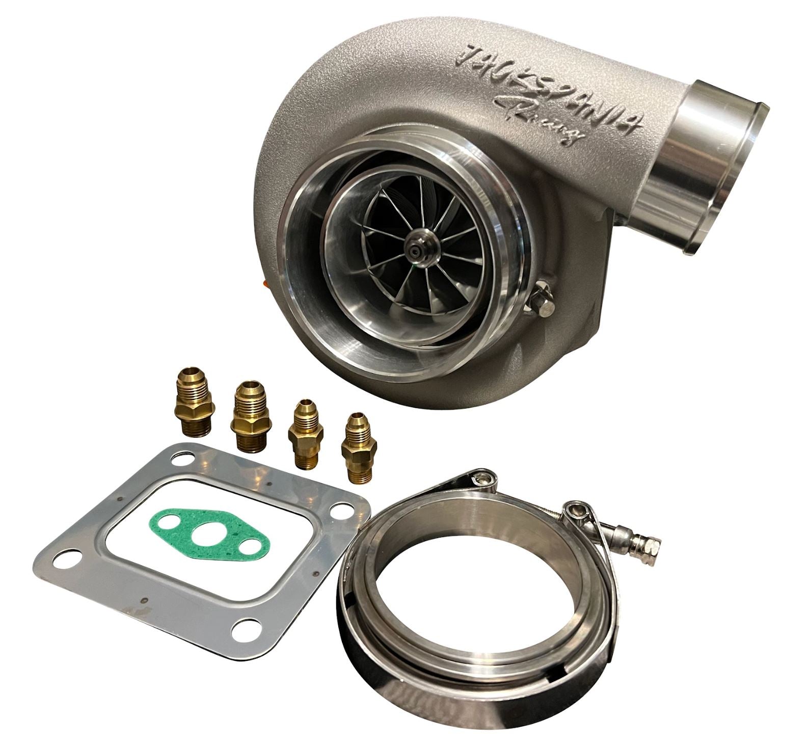 GTX3582R GT35 T4 .82AR turbine housing with dual ceramic ball bearings, used in high-performance engine applications by Jack Spania Racing.