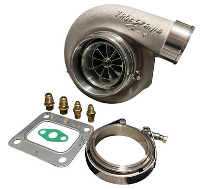 GTX3582R GT35 T4 .82AR turbine housing with dual ceramic ball bearings, used in high-performance engine applications by Jack Spania Racing.