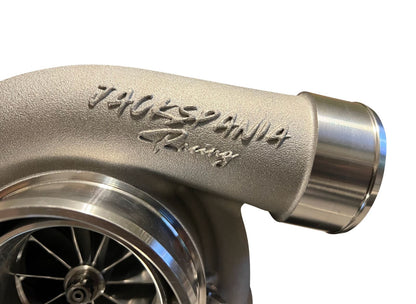 Jack Spania Racing GTX3582R GT35 T3 .63AR turbine housing with dual ceramic ball bearings for turbocharged engines.